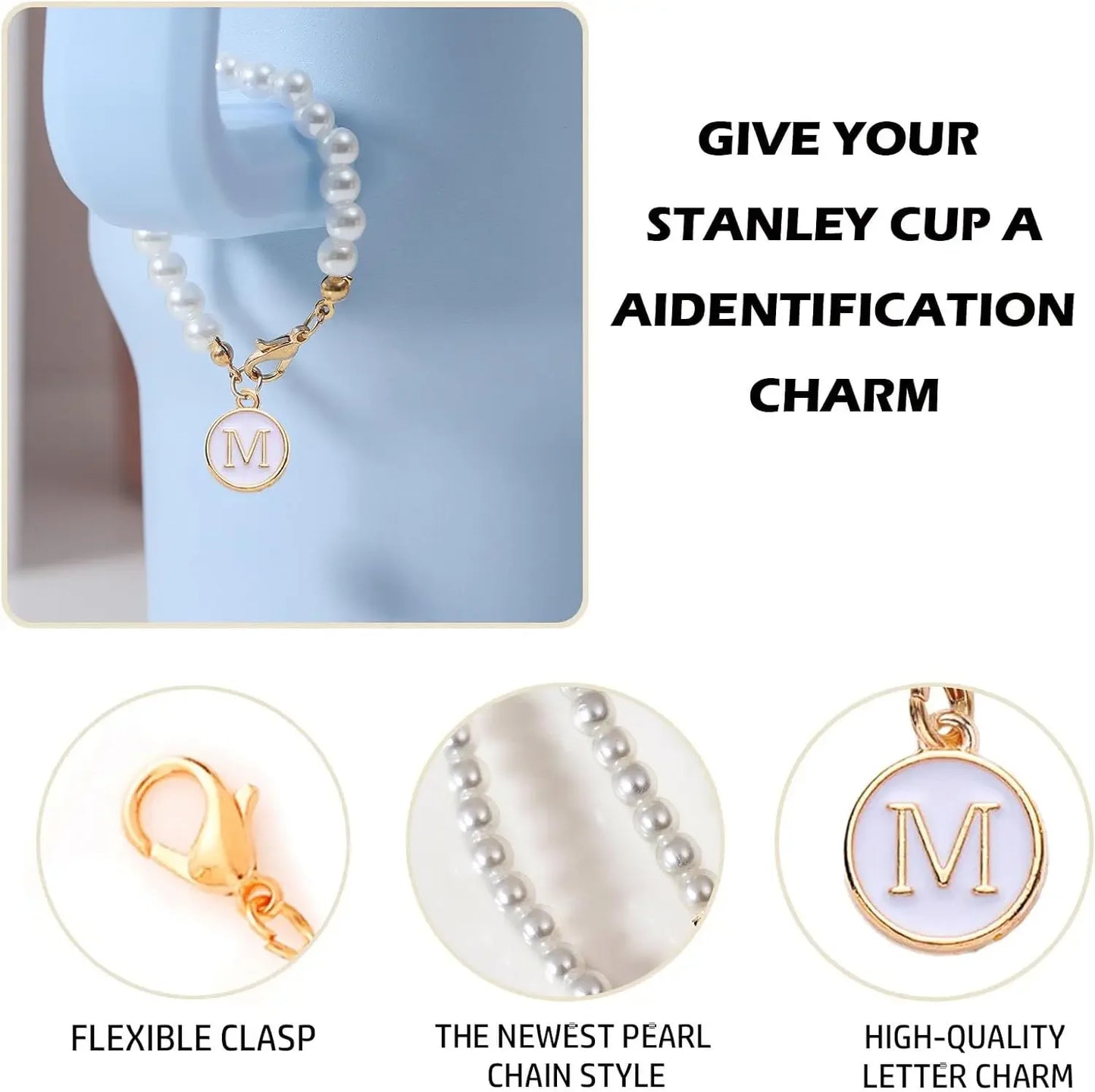 Letter Charm for Stanley Cup Pearl Chain Accessories for Handle Water Bottle Tumbler Personalized Initial Name ID Decorations