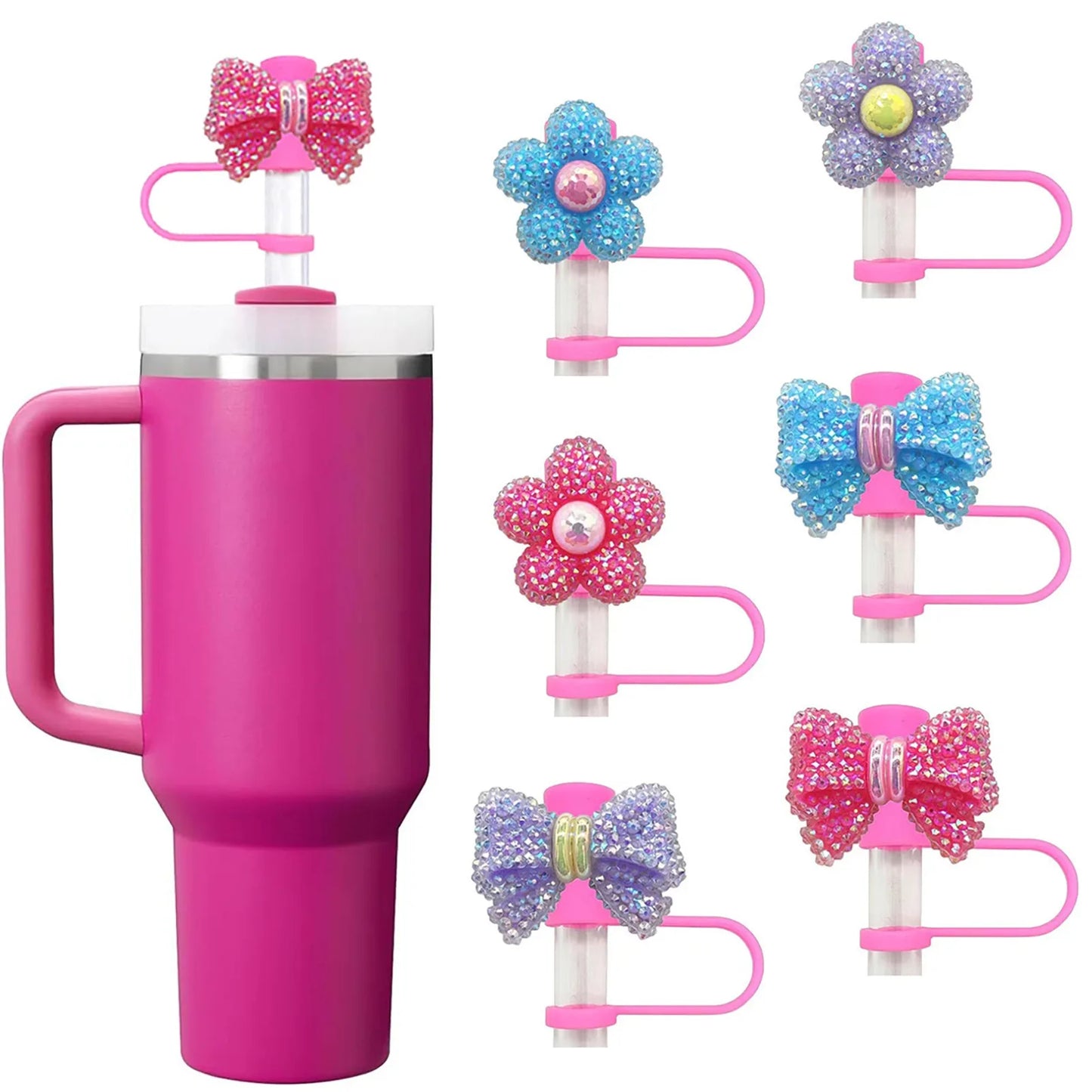 Cute Flower Bow Straw Covers Compatibility Stanley Tumbler 10mm Cups Accessories Kawaii Silicone Straw Toppers Protector Cap