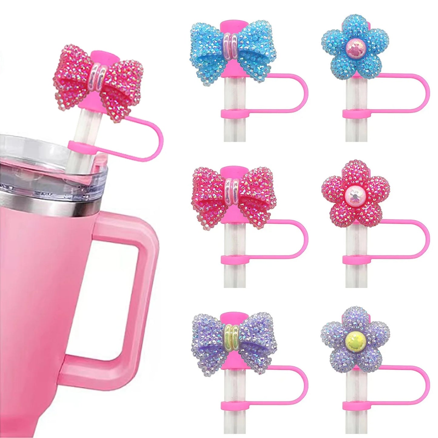 Cute Flower Bow Straw Covers Compatibility Stanley Tumbler 10mm Cups Accessories Kawaii Silicone Straw Toppers Protector Cap